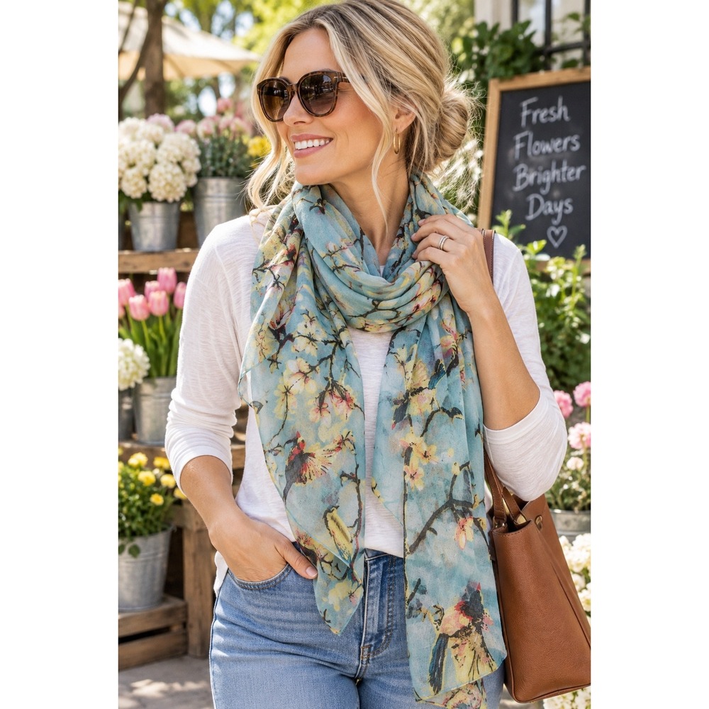 Blue Bird Floral Lightweight Scarf Sheer Botanical Print Spring Nature Boho Wrap